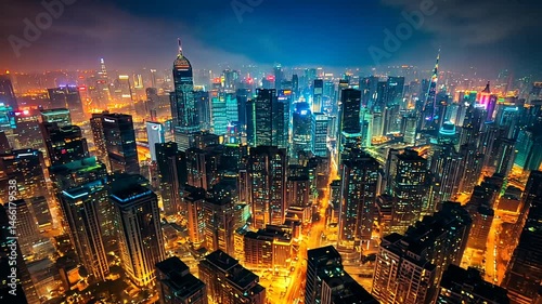 Vibrant cityscape at night with glowing skyscrapers photo
