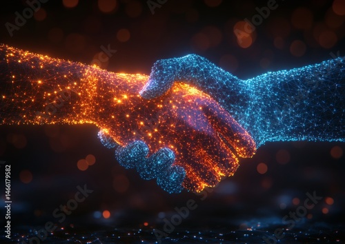 Obraz na płótnie Two hands shaking in the shape of an abstract digital network design, symbolizing collaboration and business, against a blue background with geometric patterns,
w salonie
