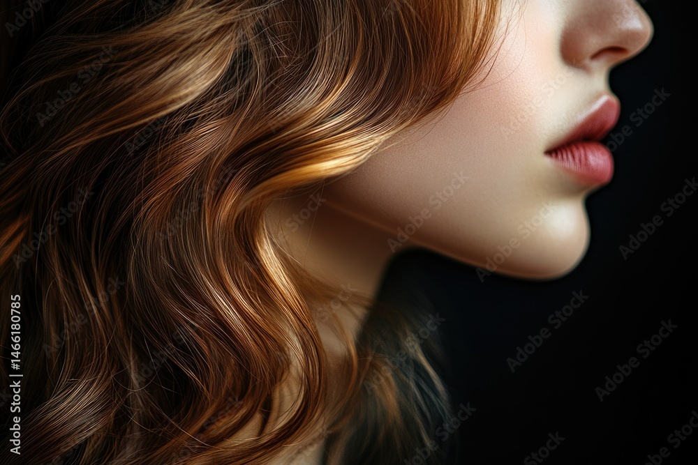 Close-up profile of a woman with luxurious, wavy auburn hair and subtly made-up lips. Close-up profile of a woman with luxurious, wavy auburn hair and subtly made-up lips.