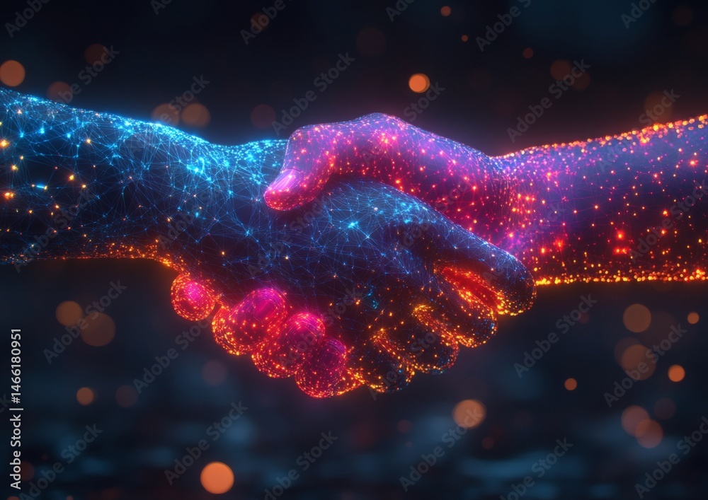 Two hands shaking in the shape of an abstract digital network design, symbolizing collaboration and business, against a blue background with geometric patterns,