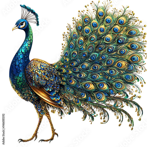 Cartoon Peacock Strutting Through a Garden Iridesc Isolated on Transparent Background