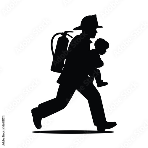 Silhouette of Firefighter Running with Child