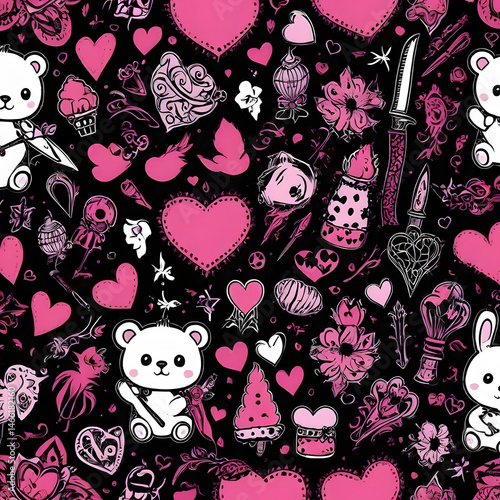 Wallpaper Mural Cute Pink Hearts Seamless Pattern with Teddy Bears and Daggers A whimsical Valentine's Day design Torontodigital.ca