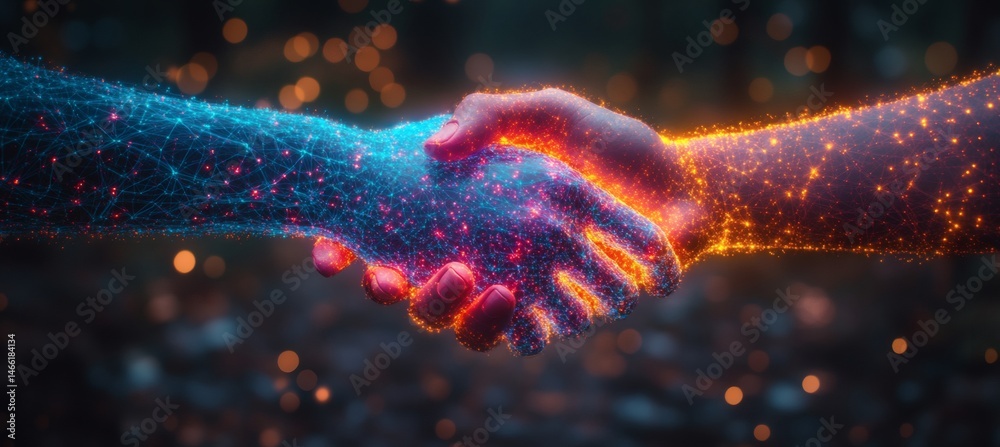 Two hands shaking in the shape of an abstract digital network design, symbolizing collaboration and business, against a blue background with geometric patterns,