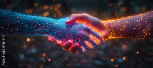 Obraz na płótnie Two hands shaking in the shape of an abstract digital network design, symbolizing collaboration and business, against a blue background with geometric patterns,
w salonie