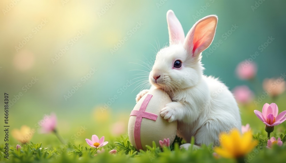 Obraz premium A fluffy white Easter bunny holding a decorated egg with a subtle cross design, nestled amongst spring flowers , easter season, christian holiday, egg