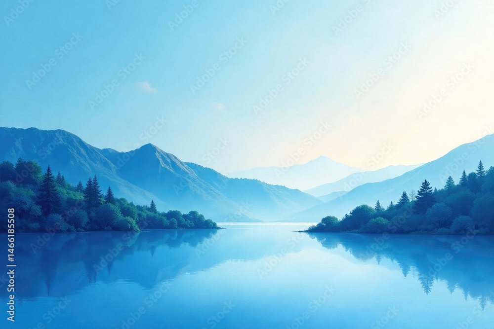 Fototapeta premium Abstract blue watercolor landscape, calming effect, aquarelle, sky, artistic