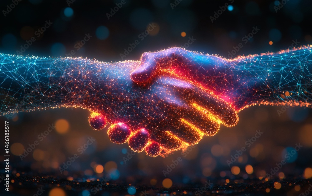 Two hands shaking in the shape of an abstract digital network design, symbolizing collaboration and business, against a blue background with geometric patterns,
