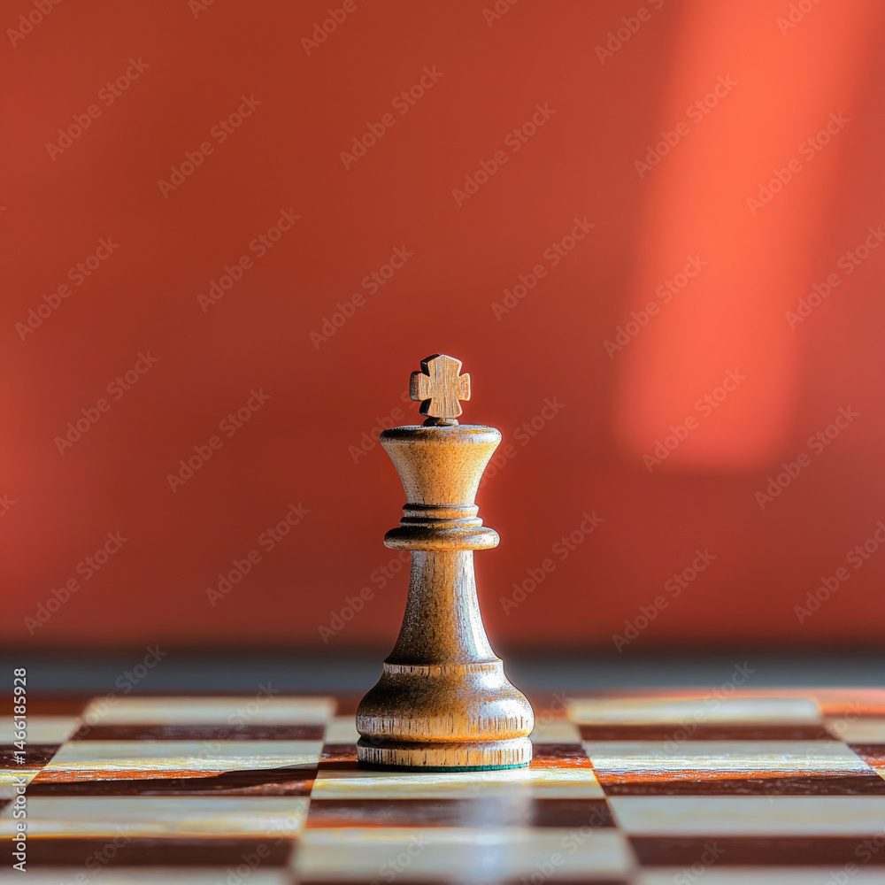 Wooden chess king piece stands on chessboard with warm sunlight and orange background, symbolizing strategy, leadership, and focus in competitive game setting