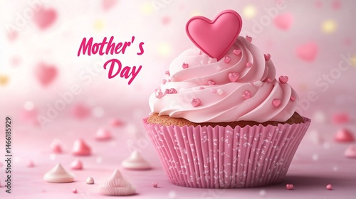 Mother’s Day cupcake illustration with heart-shaped topper and pink cream, celebration concept.