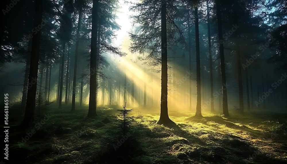 Fototapeta premium Sunlight Through Tall Trees In Misty Forest Landscape with Mossy Forest Floor