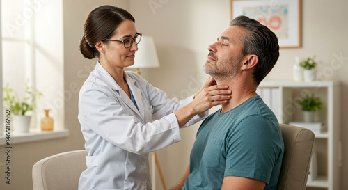 Doctor examining man's thyroid gland in a clinical setting  