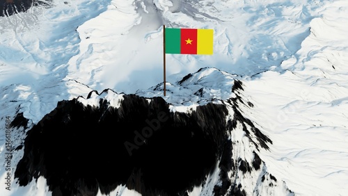 3D rendering of the Cameroonian national flag, featuring vertical bands of green, red, and yellow with a central yellow five-pointed star, gracefully waving atop a snow-covered mountain peak, symboliz
