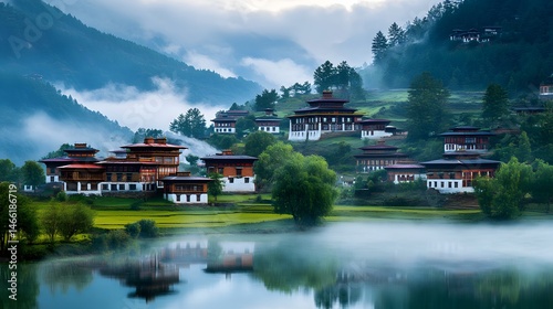 A tranquil scene of the Ura Valley, with its traditional Bhutanese houses and rolling hills covered in mist, capturing Bhutan's peaceful atmosphere