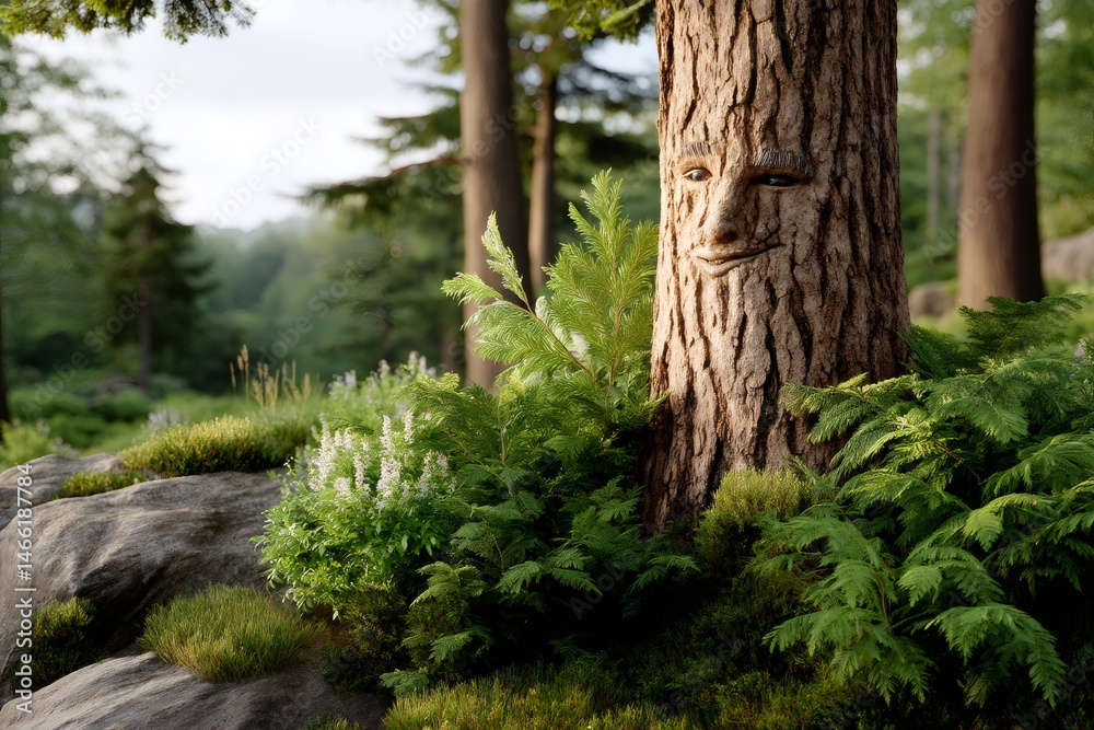 Fototapeta premium Ancient smiling tree spirit watching over lush green forest landscape