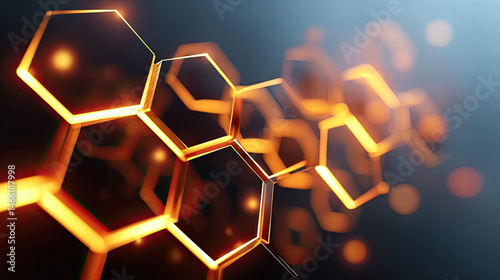 Glowing abstract honeycomb structure with bright orange hexagonal shapes on dark background, creating futuristic and dynamic visual effect with depth and light reflections
