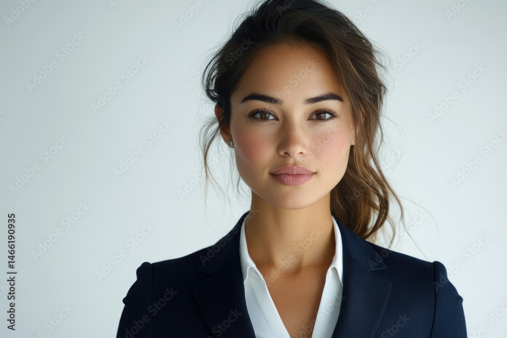 A young woman with dark hair, wearing a navy blue blazer, looks confidently at the camera. A young woman with dark hair, wearing a navy blue blazer, looks confidently at the camera.
