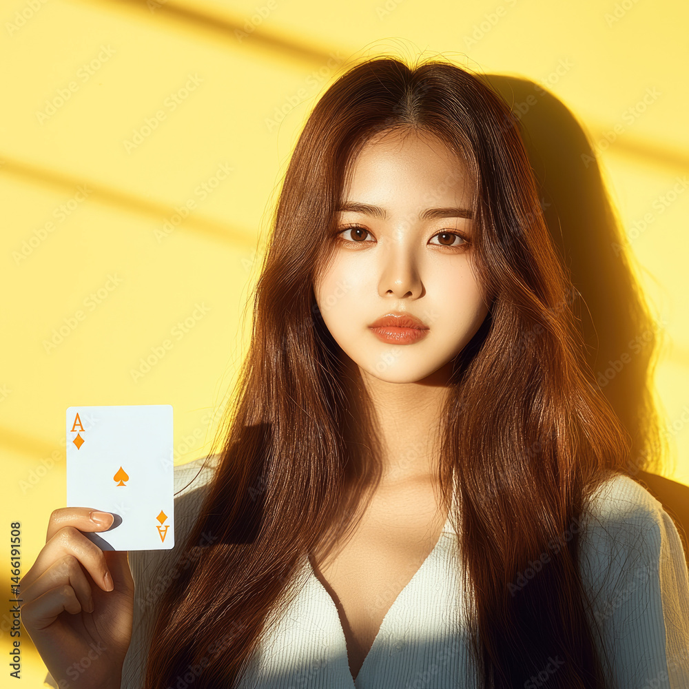 Beautiful Asian woman with long brown hair holding ace of diamonds card, standing against yellow background with sunlight and shadow, calm and confident expression