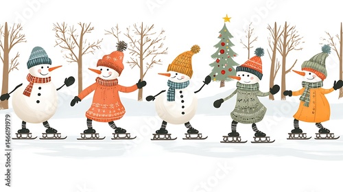 Snowmen Skating Festive Winter Scene