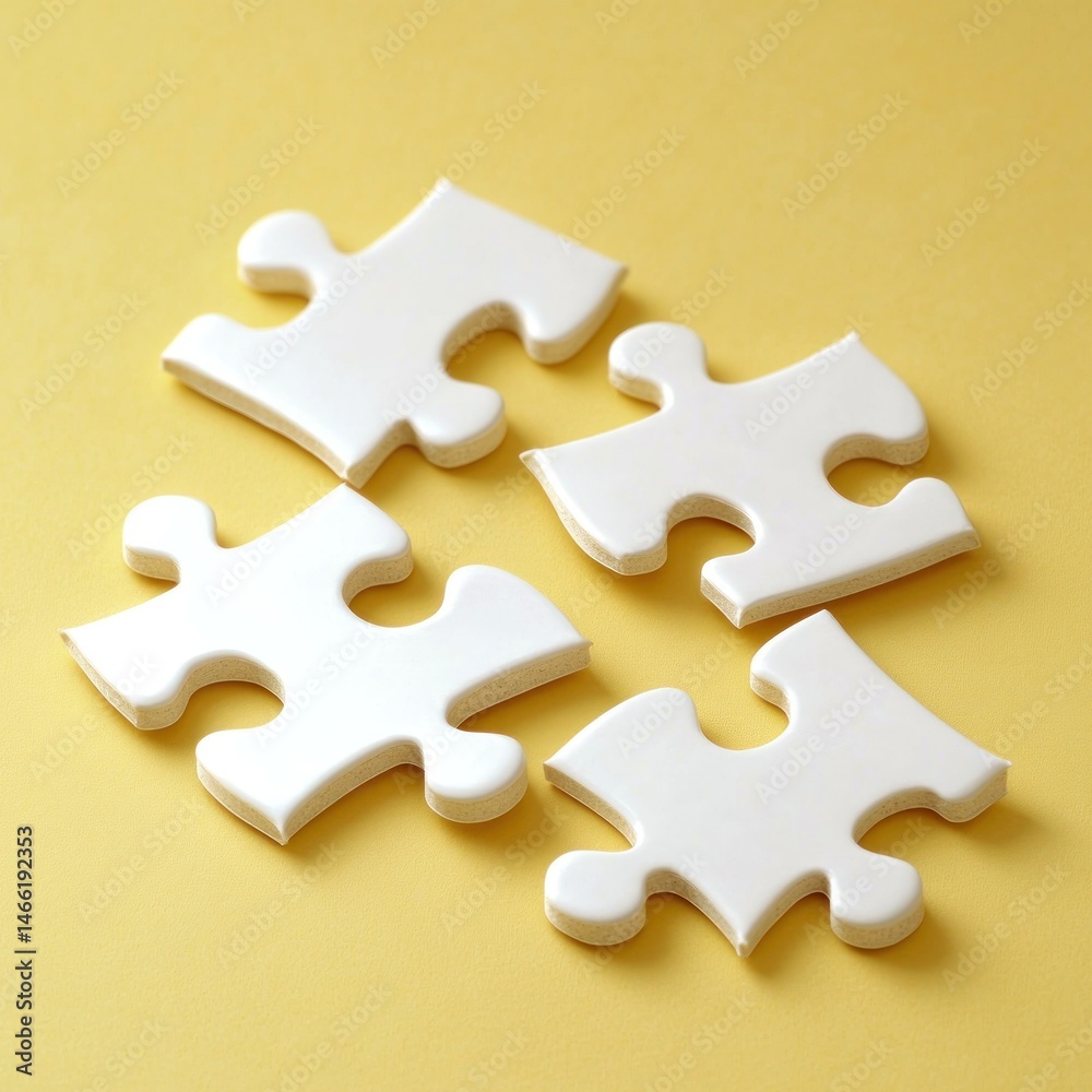 Obraz premium Four white puzzle pieces on a yellow background