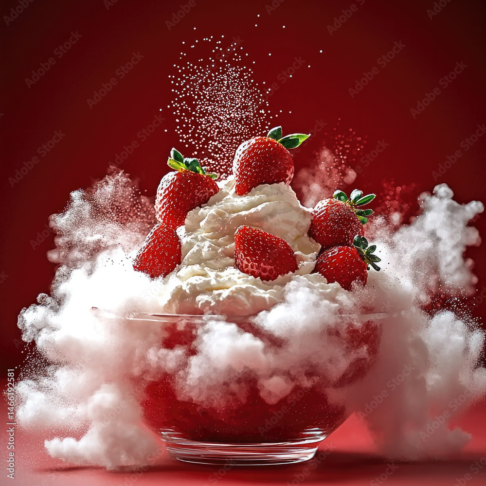 Strawberry, cream, and whipped topping in glass bowl with dramatic powder and vapor effect, vibrant red background, fresh and delicious dessert