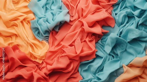 A vibrant arrangement of crumpled fabric in shades of orange, red, and blue, creating a textured and colorful visual effect.