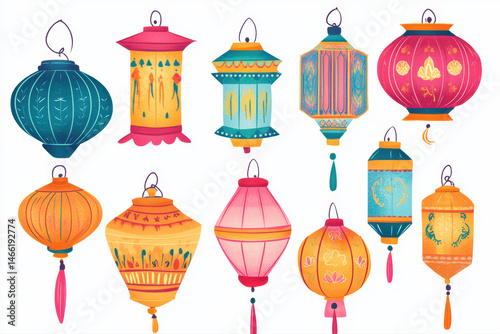 A Set of Colorful Traditional Lanterns Featuring Bright Designs and Patterns for Festive Decor and Celebrations