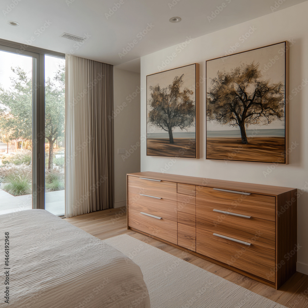 Modern bedroom with natural light, wooden dresser, large window, beige curtain, minimalist decor, and two abstract tree paintings create calm and serene atmosphere