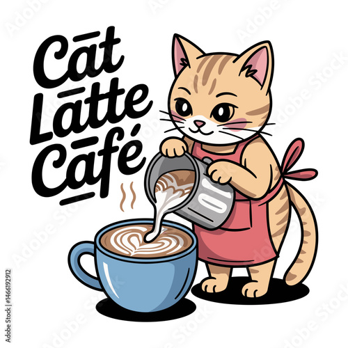 Adorable kitten making latte art in a cozy Cat Latte Café