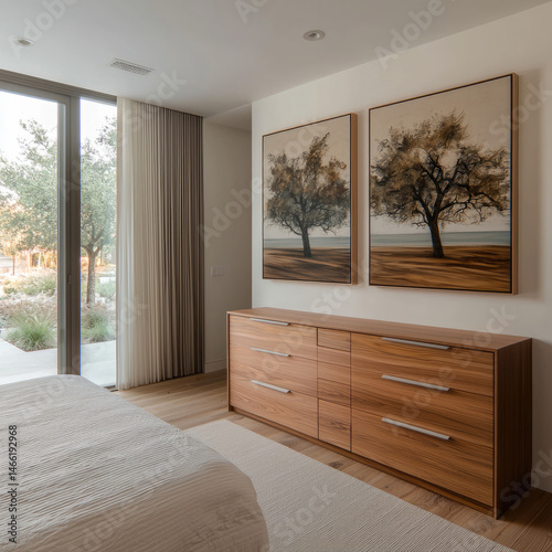 Obraz na płótnie Modern bedroom with natural light, wooden dresser, large window, beige curtain, minimalist decor, and two abstract tree paintings create calm and serene atmosphere w salonie