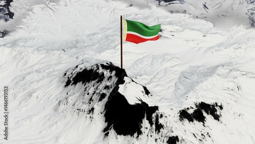 3D rendering of the Chechen Republic's national flag, featuring horizontal stripes of green, white, and red with a vertical white band adorned with a golden national ornament, gracefully waving atop a