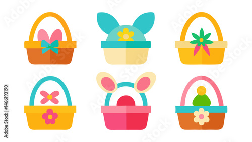 Easter Baskets Set Isolated on White Background with Colorful Decorations for Festive Occasions