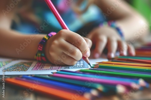 Child coloring with pencils; focus on creativity education and colorful expression