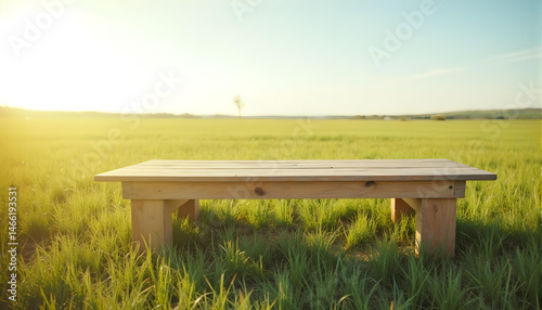 Wooden table, empty table, Green lawn, grass and sea background. hard wood table, sea, sea side, summer, outdoor, sunny day, sunlight, country side, garden, field, natural vibe, good for key up.