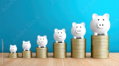 Six piggy banks sit atop stacks of coins showcasing financial growth concept.