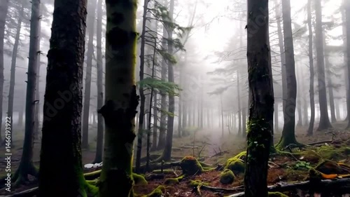 Tracking Shot Through Foggy Forest Floor with Moss-Covered Roots and Misty Tree Canopy in Serene Nature Ambience