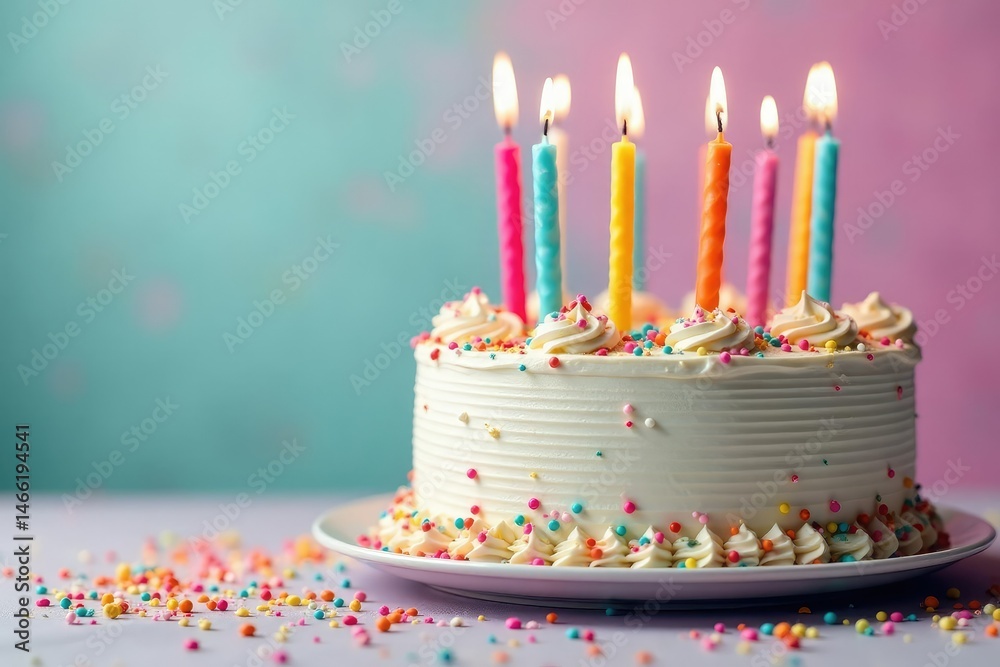Colorful birthday cake with candles and sprinkles, festive celebration , illustration, bakery Colorful birthday cake with candles and sprinkles, festive celebration , illustration, bakery