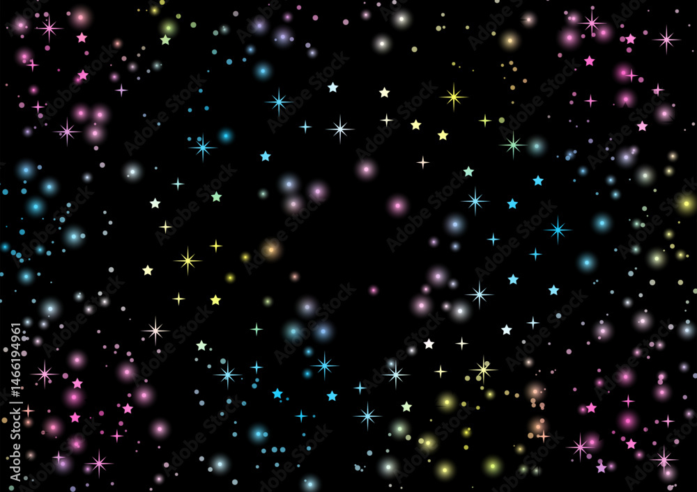 Naklejka premium 黒と虹色の星空背景、かわいい、イラスト、レインボー