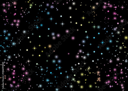 黒と虹色の星空背景、かわいい、イラスト、レインボー