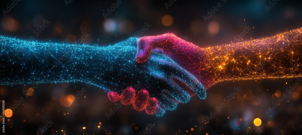 Two hands shaking as digital network shape representing technology-driven collaboration and business connection on geometric blue backdrop