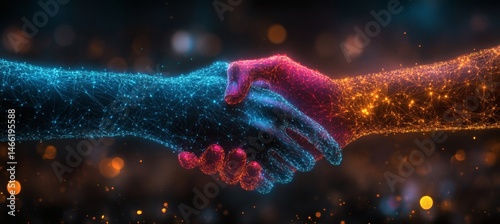 Obraz na płótnie Two hands shaking as digital network shape representing technology-driven collaboration and business connection on geometric blue backdrop
w salonie