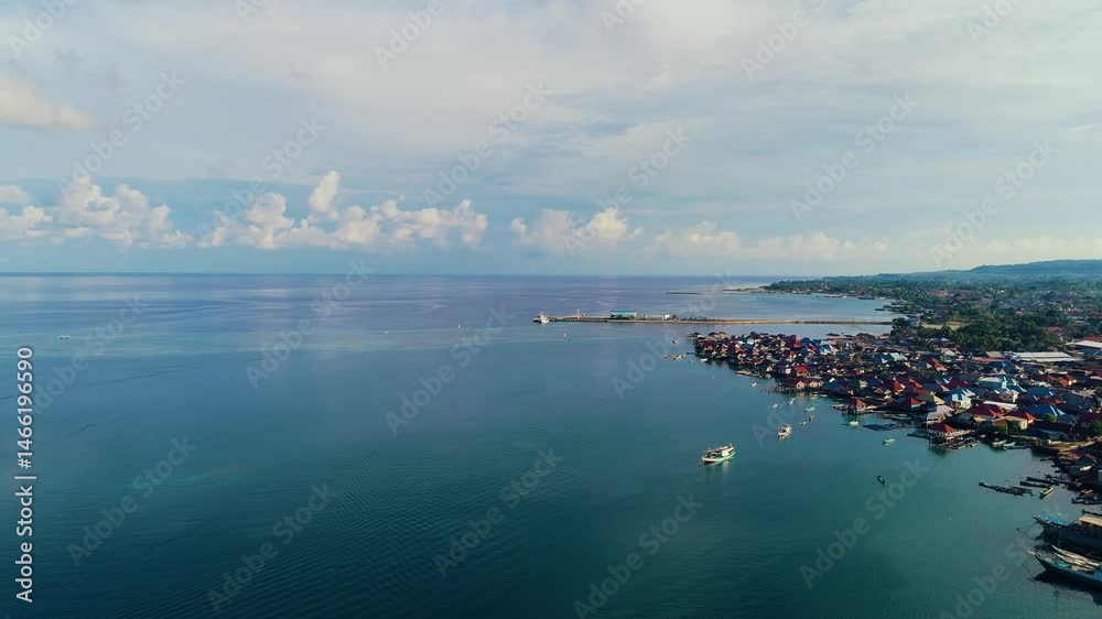 Beautiful drone view a floating village of the Bajo tribe on Wangi-Wangi Island, Wakatobi, Southeast Sulawesi, Indonesia