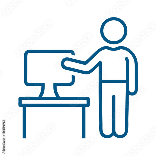 Person pointing at computer icon in blue outline office style
