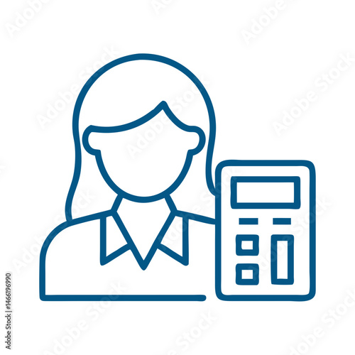 Female accountant with calculator icon in blue outline style