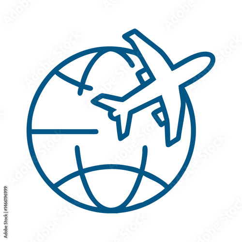 Airplane flying over globe icon in blue outline travel style