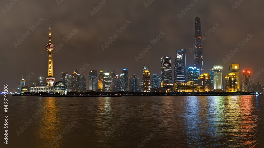 Obraz premium Urban nightscape illuminated modern city skyline reflecting on calm water surface breathtaking cityscape with glittering lights