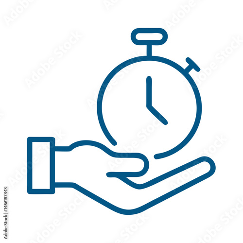 Hand holding stopwatch icon in blue outline time management style
