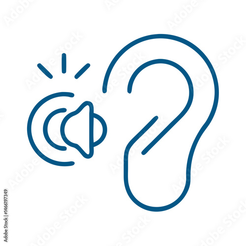 Ear with hearing aid icon in blue outline medical style