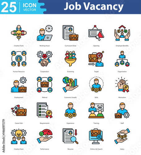 Job Vacancy icon sheet illustration vector creative team, working hours, curriculum vitae, opening, employee benefits, human resource, cooperation, screening, target, organization, employment