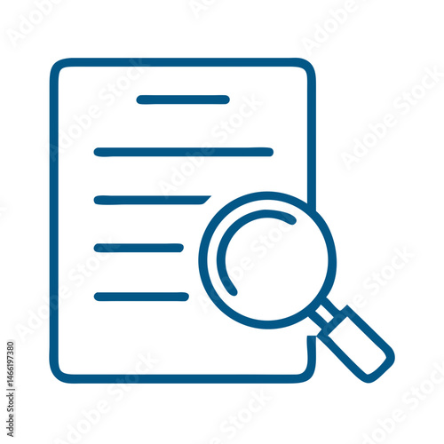 Document with magnifying glass icon in blue outline analysis style